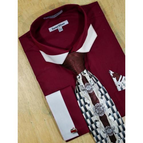 Daniel Ellissa Wine With White Trimming Polygonal Spread Collar Shirt/Tie/Hanky Set DS3750P2
